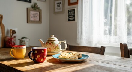 Cozy kitchen scene with cookies, mugs, and teapot on rustic table in sunlight