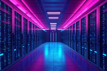Fototapeta premium Neon-lit server room, futuristic data center