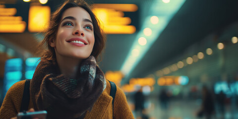  young caucasean woman, smiling, while walking through an airport. She is looking up at signs making sure the information on the flight board matches what's on her phone. 