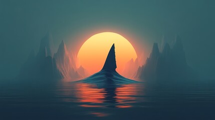 Fototapeta premium Sunset Over the Ocean with Silhouetted Peaks and Shark Fin Emerging from Water Nature Landscap