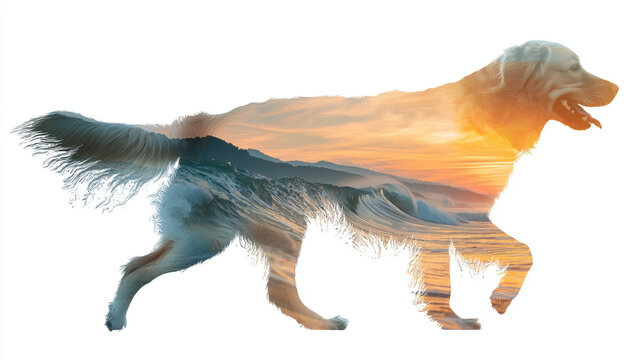 Double exposure of walking dog silhouette blended with scenic sunset landscape creating artistic visual metaphor of loyalty freedom and connection with nature

