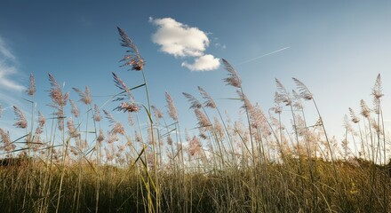 Tall grass in field under blue sky with clouds