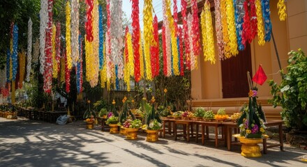 Fototapeta premium Colorful paper decorations and offerings in traditional celebration