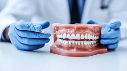 Dentist examining a dental model