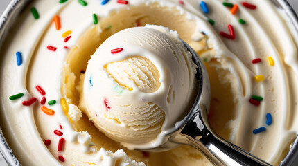 Vanilla ice cream with colorful sprinkles, scooped to perfection.	