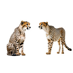 A cheetah in close-up against a white backdrop 