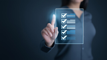 Checklist management. Businesswoman touching a digital checklist hologram. Online task management, productivity tracking, and goal setting in a futuristic interface, business concept