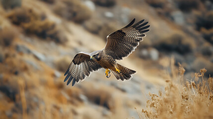 Fototapeta premium Hawk in flight with spread wings against a soft, blurred background. Captivating wildlife image.