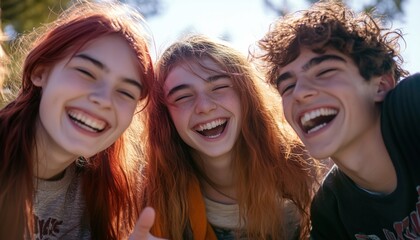 Fototapeta premium Close-Up View Of Four Teenagers Smiling, Laughing, And Making Gestures Towards The Camera In A Playful Manner. Happy Teenagers Having Fun.