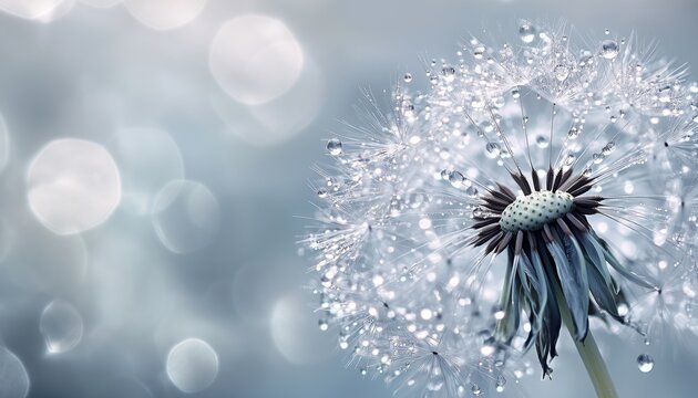 Macro Image Of A Silver Dandelion With Dew Drops, Creating A Dreamy And Tender Snowflake On A Parachute-Like Structure. - Powered by Adobe