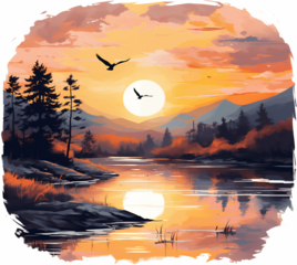 Peaceful lake sunset with evergreen forest reflection and mountain silhouettes in wilderness setting