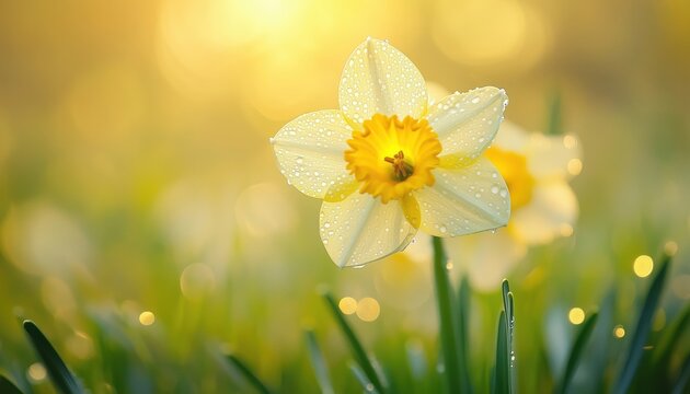 Golden Rays Of Sunshine Illuminate The Gorgeous Daffodils Narcissus In A Morning Sunrise, Embracing The Beauty Of Nature In Spring. Dewdrops Adorn The Close-Up Shot.