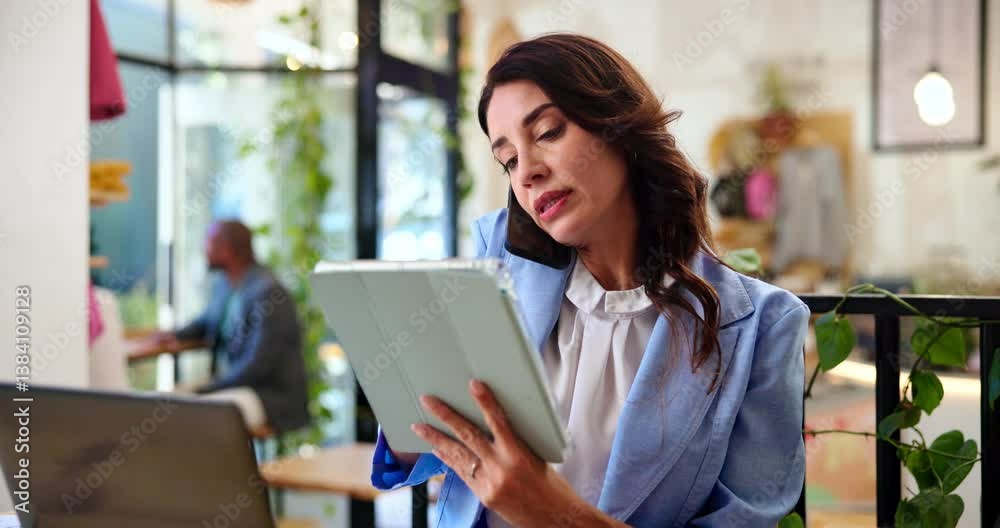 Poster tablet, phone call and business woman in cafe for contact, consulting client and communication. free