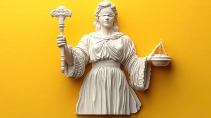 Obraz premium Statue of Blindfolded Figure Holding Scales and Staff Against Vibrant Yellow Background