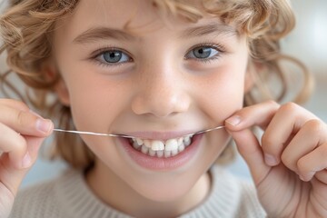 Child demonstrates proper dental hygiene by flossing teeth in a bright and cheerful setting at home