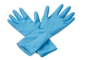 A pair of light blue rubber gloves crossed on a white background showing the fingers and the cuffs