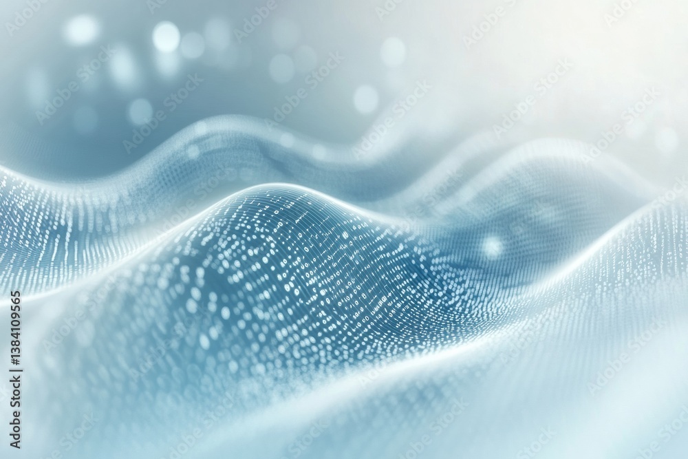 Poster Modern tech-inspired background featuring fluid waves of binary code in soft blue and white hues exuding a sleek futuristic aesthetic