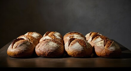 Eight artisanal round loaves of bread on wooden surface