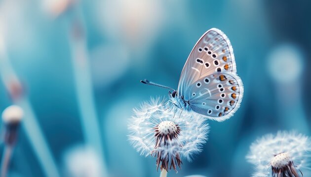 Fototapeta Stunning Gentle Butterfly On A Fresh Blue Close-Up Macro Of A Dandelion Flower In Spring, In A Beautiful Blurred, Dreamy, Romantic Artistic Image.