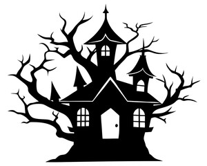 A halloween tree house silhouette on white background.