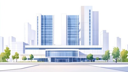 Obraz premium Modern hospital exterior, city skyline background, healthcare