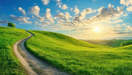 Obraz premium Scenic Winding Trail Through Lush Grass Field In Rolling Countryside At Daybreak Under Azure Sky With Fluffy Clouds. Beautiful Spring Summer Landscape.