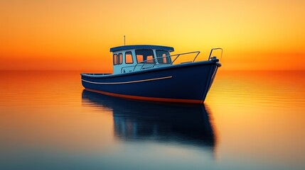 Fototapeta premium Serene Sunset Scene with a Boat on Calm Waters Reflective Surface Golden Hour Lighting Tranq