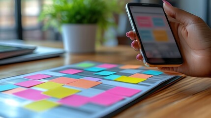 Hand Holding Smartphone Over Colorful Planner for Productivity and Organization