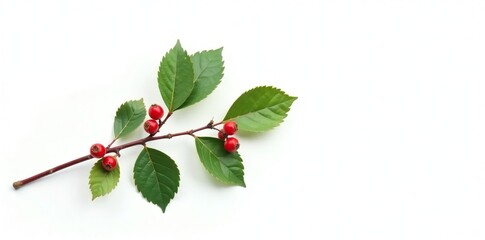 Single branch with leaves and berries on white background, botanical, greenery