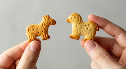 Hands holding animal-shaped cookies Simple, playful snack
