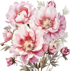 Obraz premium Romantic pink peony watercolor painting with buds and foliage ideal for feminine branding and wedding decor