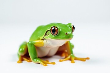 Fototapeta premium Single bright green frog on pure white backdrop, animal, sitting, macro