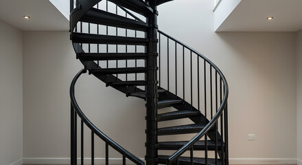 Elegant Black Steel Spiral Staircase Design in a Modern Minimalist Interior