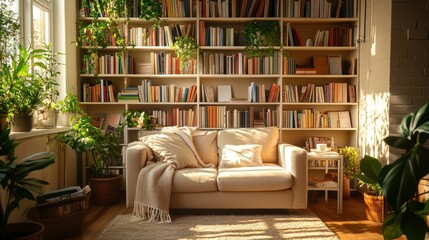 Cozy living room, bookshelves, sunlight, plants, relaxation