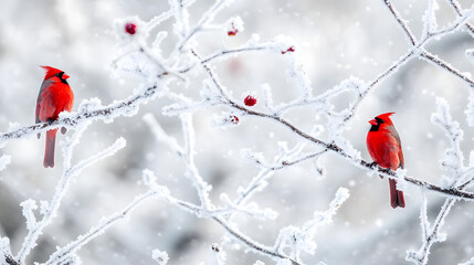 Cardinals perch on snow-covered branches, a vivid contrast against the soft winter backdrop. The red berries add a pop of color, enhancing the serene winter scene.