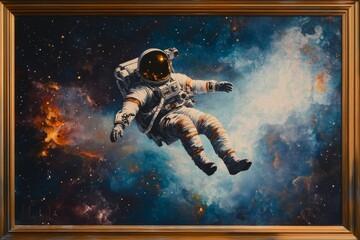 Fototapeta premium Framed painting of an astronaut floating in space with nebula background.