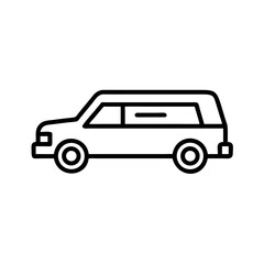 Simple line icon of funeral hearse vehicle in side view, symbol of memorial service, respectful transportation and final journey for funeral processions