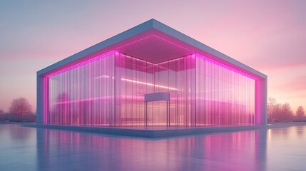 Fototapeta premium Modern Glass Structure with Pink Neon Lighting at Sunset