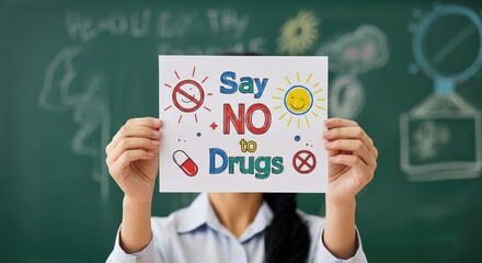 Person holding "Say NO to Drugs" sign in classroom setting