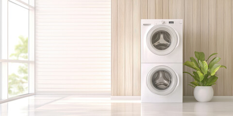 Placing the stackable washer and dryer in a vertical arrangement. Modern washer and dryer installed in a column in the interior. Compact solution for the washing appliances