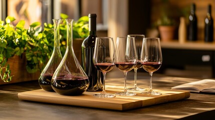 Obraz premium Sophisticated wine tasting display, including decanters, glasses, and open bottles on a wooden board, warm light, earthy tones