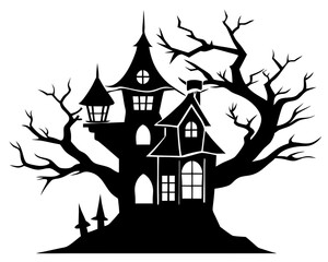 A halloween tree house silhouette on white background.