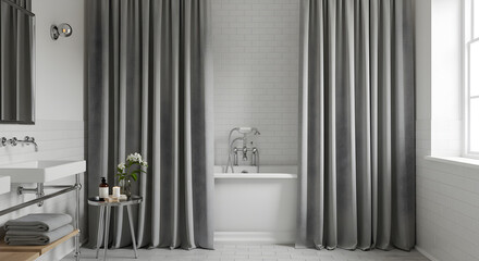 Obraz premium Elegant Bathroom With A Freestanding Tub Flanked By Floor To Ceiling Curtains
