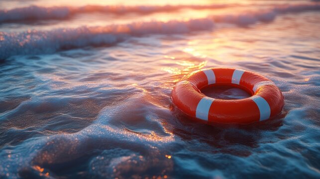 Lifebuoy Floating on Serene Sunset Waters Safety Equipment in Calm Ocean Scene Emergency Resc