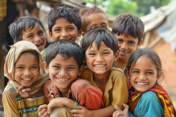 Group of happy indian kids smiling and looking at the camera.