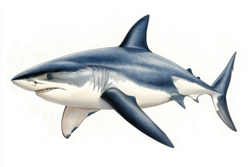 Obraz premium Detailed illustration of shark, predominantly blue and white, swimming against white background. artwork highlights shark sleek form, sharp features, and powerful presence