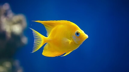 Close-up of a single yellow tang fish in an aquarium, its vivid yellow fins contrasted against a backdrop of deep blue water and subtle rays of sunlight