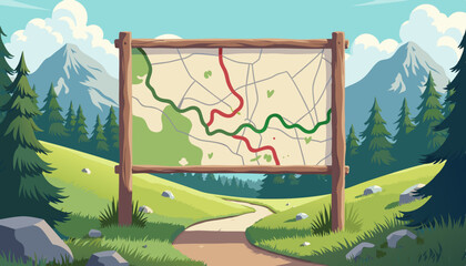 Fototapeta premium Hiking Map Illustration in Forest Landscape with Mountains 