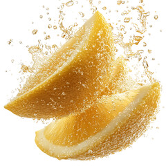 Refreshing Lemon Wedge Falling Into Sparkling Water Isolated on Transparent Background