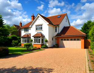 New estate home in England with a garage and a pathway.